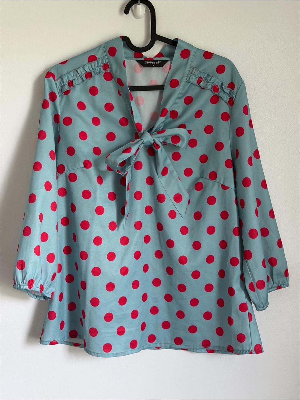 Karina Grimaldi Aqua Blue Blouse with Red Polka Dots and Tie Neck